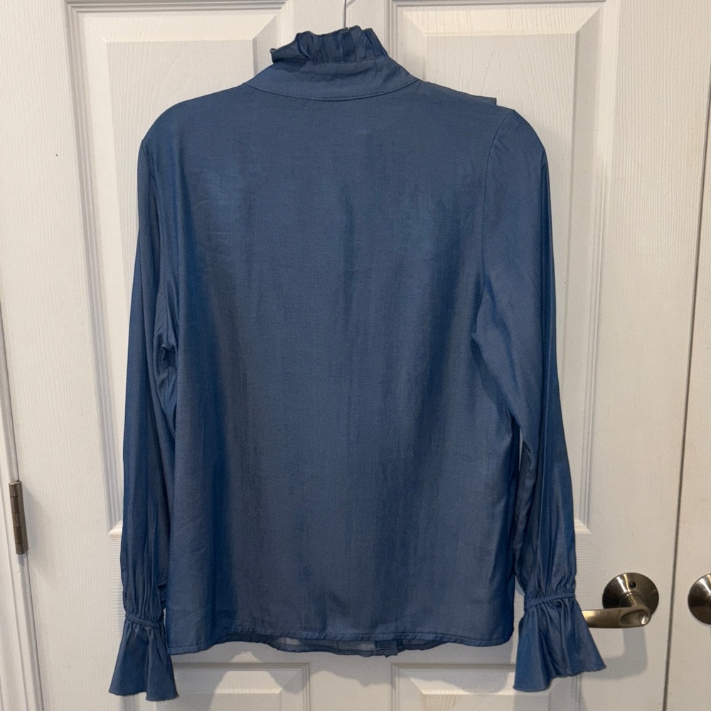 Chic Blue Ruffle Button Down Shirt - image 4